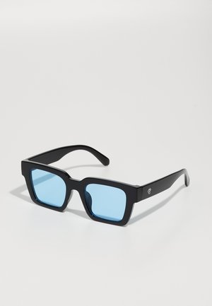 Black rectangular sunglasses with bold frames, featuring blue tinted lenses and a simplistic design. Accented with small emblem on arm.