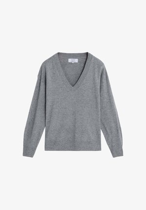 Gray knit sweater with a V-neck design, long sleeves, and subtle perforated detailing near the hem. Soft texture and relaxed fit.