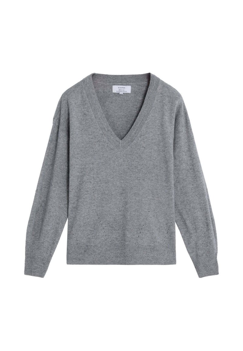 Maglione grigio a maglia con scollatura a V, maniche lunghe e delicati dettagli perforati vicino all'orlo. Texture morbida e vestibilità comoda.