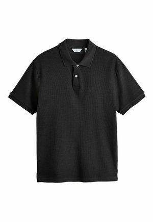 Schwarzes kurzärmeliges Poloshirt mit umgeschlagenem Kragen, zweiknöpfiger Knopfleiste und weich strukturiertem Stoff, vor weißem Hintergrund dargestellt.