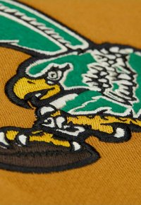 Grafica ricamata di un uccello verde con becco giallo su un tessuto arancione, con texture dettagliate e contorni in bianco e nero.