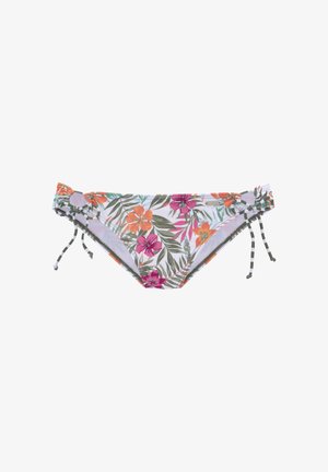 Kvetinový spodný diel bikín s bielym podkladom a živými ružovými a oranžovými kvetmi, s nastaviteľnými viazaniami na bokoch a textúrovaným povrchom.