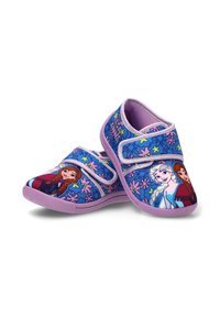Zapatillas moradas para niños con un patrón floral y personajes de una película animada popular, con correas de velcro para cerrar.