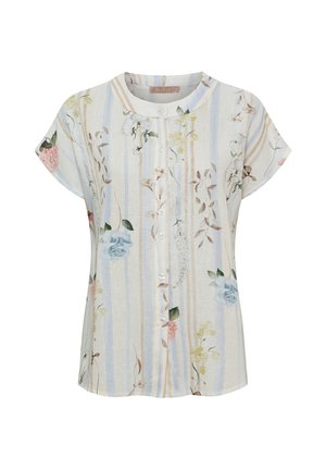 Kortærmet skjorte med knapper, lodrette blå og beige striber, blomsterprint og rund krave.