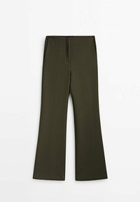 Pantalons taille haute de couleur vert olive, avec une coupe large, dotés de poches latérales et d'une texture de tissu lisse. Devant plat sans fermetures visibles.