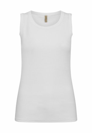 Top alb fără mâneci, cu textură cu nervuri, decolteu rotund și cusături laterale. Prezintă un eticheta în zona gâtului.