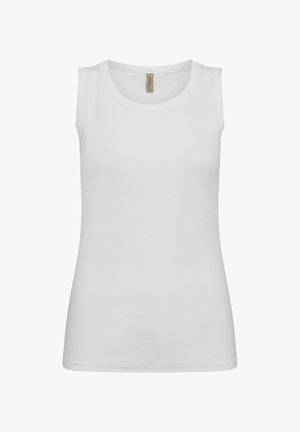 Witte mouwloze tanktop met een geribbelde textuur, ronde halslijn en zijkanten. Heeft een label bij het halsgebied.