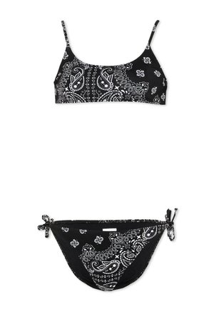 Bikini nero a due pezzi con motivo paisley e floreale bianco, composto da un top a bralette con spalline sottili e slip con laccetti ai lati.