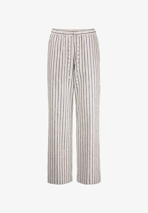 Weit geschnittene weiße Hose mit vertikalen marineblauen Streifen und passendem Stoffgürtel, der an der Taille gebunden ist, vor einem schlichten Hintergrund präsentiert.