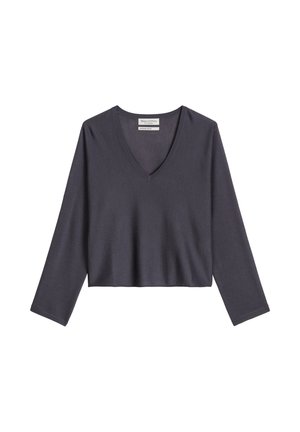 Donkergrijze cropped trui met lange mouwen en een V-hals, plat uitgespreid op een witte achtergrond.