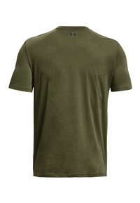 Olivengrøn bomuld T-shirt med korte ærmer, rund halsudskæring og en lille logo ved nakken bagpå. Glat tekstur, afslappet pasform.