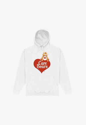 Witte hoodie met een teddybeer die een rood hart vasthoudt en de tekst "Care Bears" in het midden aan de voorkant.
