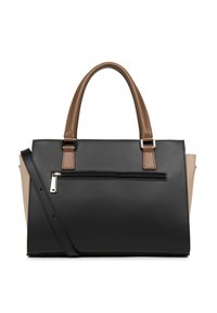 Zwarte en tan neplederen handtas. Heeft dubbele bovenhandvaten, een verstelbare schouderriem, een externe ritszak en een strakke, hoekige vorm.