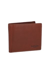 Brown leather wallet with a smooth texture, bi-fold design, and contrasting stitching. Features branding on the lower right corner.