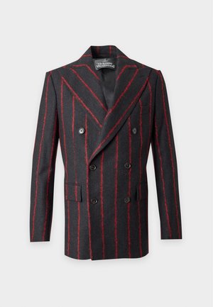 Schwarzer zweireihiger Blazer mit roten vertikalen Streifen, breiten Revers, vier Knöpfen vorne, zwei Pattentaschen und einem Vivienne Westwood Etikett im Kragen.