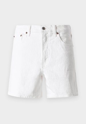 White denim shorts with a classic design, five pocket style, copper button accents, and a slightly textured fabric finish.