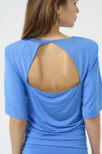 Blue short-sleeve top with an open back design, featuring a button closure; made from smooth, lightweight fabric with subtle ribbing.
