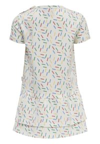 Baumwollkleid mit kurzen Ärmeln, cremefarbener Basis und buntem Streudekor. Merkmale einen geschichteten Rüschensaum am Saum.