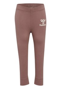 Bruine leggings met een zachte textuur, voorzien van een elastische tailleband en een klein wit logo van "hummel" aan de voorkant.