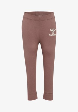 Braune Leggings mit einer weichen Textur, ausgestattet mit einem elastischen Bund und einem kleinen weißen Logo von "hummel" auf der Vorderseite.