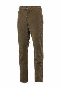 Olijfgroene corduroy broek met een rechte pasvorm, voorzien van zijzakken, een knoopsluiting en een fijne ribbelstructuur.