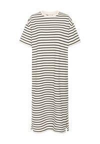 Robe t-shirt rayée en crème et noir. Manches courtes, encolure ronde, longueur genou avec fentes latérales pour un meilleur confort de mouvement. Matière en coton.