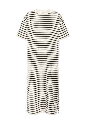 Gestreiftes T-Shirt-Kleid in Creme und Schwarz. Kurze Ärmel, runder Ausschnitt, knielang mit seitlichen Schlitzen für mehr Bewegungsfreiheit. Baumwollmaterial.