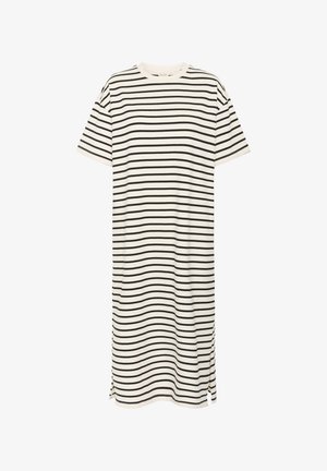 Stribet t-shirt kjole i creme og sort. Korte ærmer, rund halsudskæring, knælængde med sidespalter for bedre bevægelsesfrihed. Baumwolle materiale.