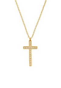 Collier en or avec un pendentif croix orné de pierres claires, mettant en valeur un design géométrique et une finition polie.