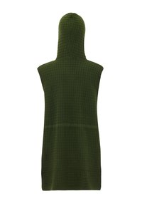 Indumento senza maniche con cappuccio di colore verde scuro, caratterizzato da un motivo a griglia texture. Il design include un cappuccio aderente e un retro allungato.
