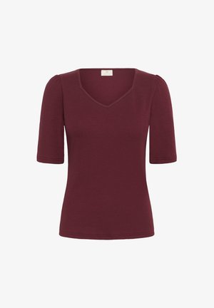 Top corto bordeaux con scollatura a V e maniche a palloncino. Texture a coste con una forma aderente e senza motivi o accenti visibili.