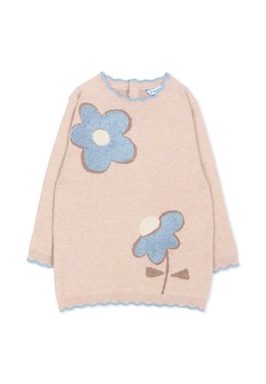 Maglione beige a maniche lunghe con disegni floreali strutturati blu e bianchi e bordi smerlati blu su collo, polsini e orlo.