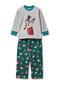 Šedé pyžamové tričko s dlouhým rukávem s kreslenou postavičkou a tyrkysovými detaily, doplněné zelenými kalhotami se vzorem hrnků a klobouků.