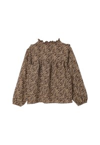 Langärmlige Bluse mit Tiermuster in Braun und Beige, ausgestattet mit einem gerafften Ausschnitt und Rüschendetails, mit einer lockeren, fließenden Silhouette.