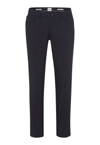 Pantalon bleu marine à jambe droite en tissu mélangé coton. Comprend cinq poches et une fermeture à bouton avec des détails de couture subtils.