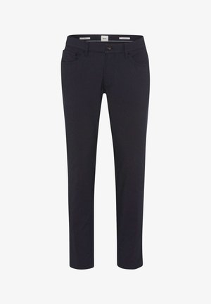 Mørkeblå, bukser med lige ben lavet af en bomuldsblanding. Har fem lommer og lukning med knap samt diskrete syningsdetaljer.