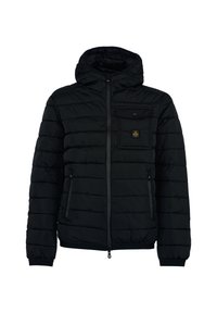 Giacca a vento nera con cappuccio, chiusura con zip, tasca frontale sul petto e tasche laterali. Presenta un design a righe orizzontali e polsini elastici.