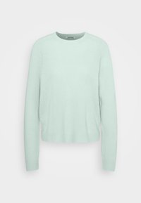 Pull vert menthe clair en tissu doux, avec un col rond, des manches longues et un ourlet court orné de détails en côtes.