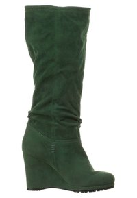 Botas altas de ante sintético verde con tacón en cuña, un diseño arrugado y un acabado texturizado. Suela de goma para mayor tracción.