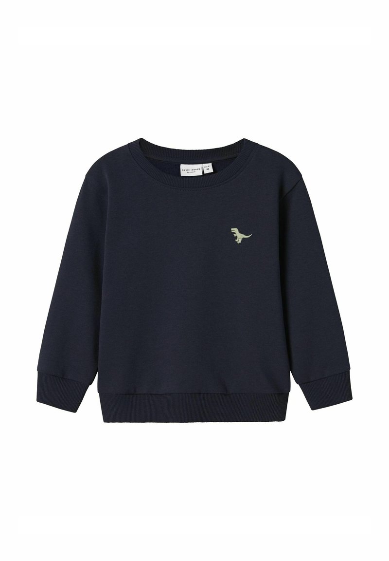 Sudadera azul marino de mezcla de algodón, con un logo de dinosaurio verde en el pecho, puños y dobladillo acanalados para un ajuste ceñido.
