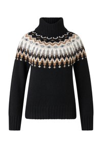 Zwarte gebreide coltrui met een wit, grijs en bruin geometrisch patroon rond de schouders en borst.