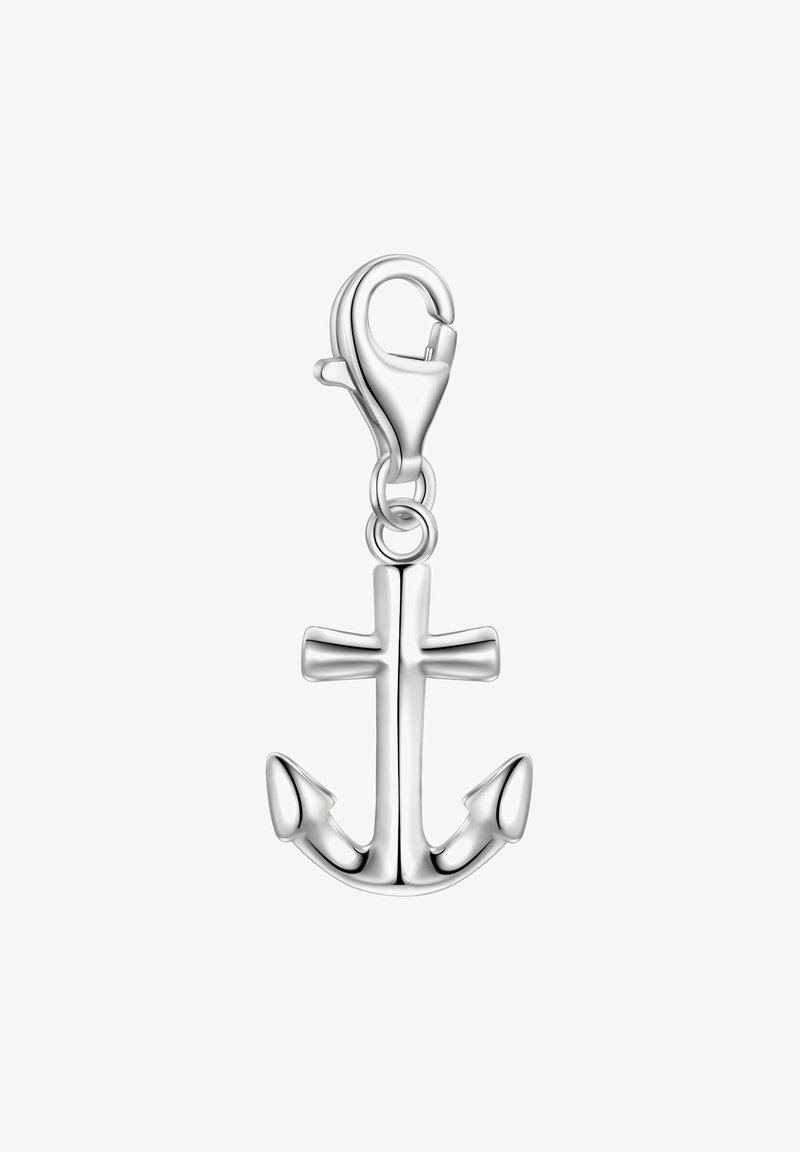 Silver anchor charm with a lobster clasp. Features dual arms and pointed tips. Smooth finish with a polished, reflective surface.