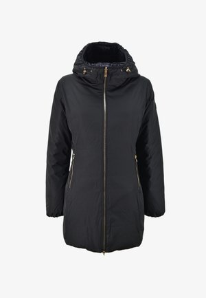 Zwarte pufferjas met capuchon, gouden ritsen en zijzakken met rits. Gladde textuur, middellange lengte en een gather-touwtje rond de capuchon.