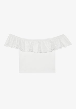 Top branco de ombro à mostra com decote franzido e bordado em olhal, tecido do corpo suave, mangas curtas e design ajustado.