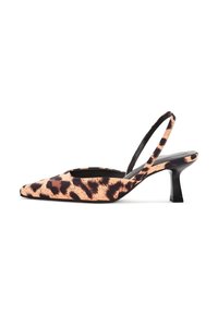 Tacchi slingback in stampa leopardata con punta affilata, dettagli neri e tacco kitten. Realizzati in materiale sintetico con una texture liscia.