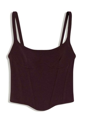 Haut court sans manches violet foncé avec fines bretelles et détails de couture subtils à l'avant.