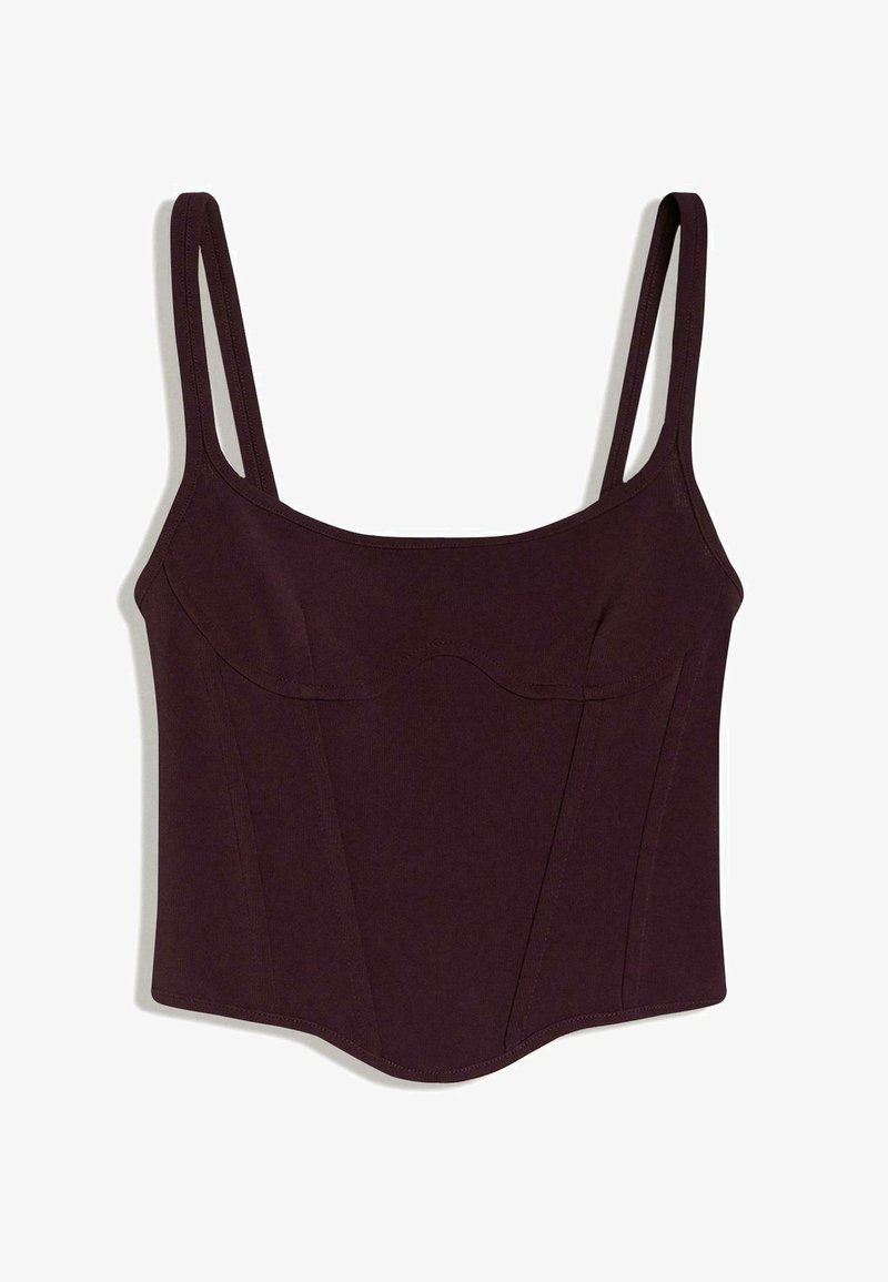 Haut court sans manches violet foncé avec fines bretelles et détails de couture subtils à l'avant.