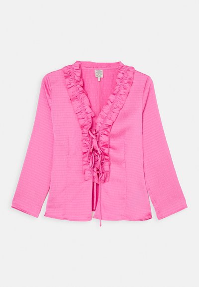 Pink long-sleeve blouse with ruffled neckline. Made of textured fabric, features a tied closure and open front design with a smooth finish.