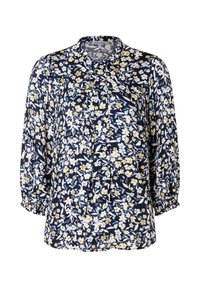 Marineblaue Bluse mit langen, gepufften Ärmeln. Sie hat kleine gelbe und weiße Blumen, eine geknöpfte Front und geraffte Manschetten. Aus weichem, leichtem Stoff.