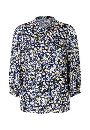 Marineblaue Bluse mit langen, gepufften Ärmeln. Sie hat kleine gelbe und weiße Blumen, eine geknöpfte Front und geraffte Manschetten. Aus weichem, leichtem Stoff.